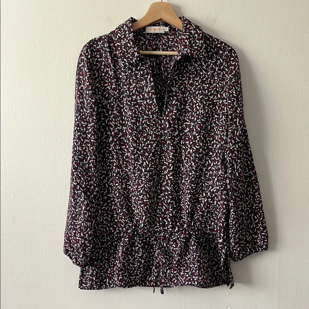 Tory Burch Silk Confetti Print Tunic Blouse Maroon Blue size 4‎